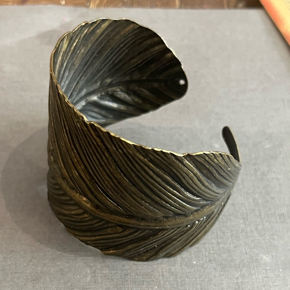 Antique Brass-Tone Feather Cuff Bracelet, can attach a charm 2” wide